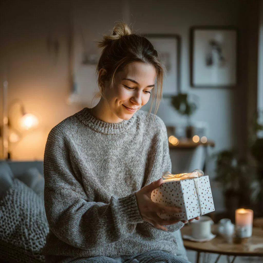 U8554719727 a happy person opening a small gift box at home c 4a90bc11 96cd 44cb abcb 6cfc1e41fa5e 0